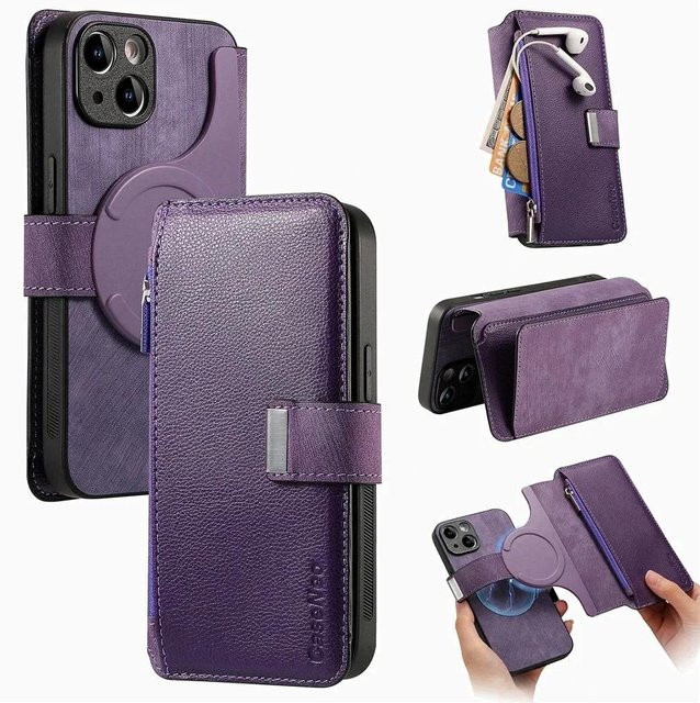 YULIN-003 2-in-1 Magnetische Lederhülle mit abnehmbarem Kartensteckplatz für iPhone 12 bis iPhone 17 Pro Max Plus, Grau - Bild 1