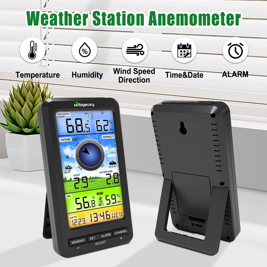 Urageuxy WiFi-Anemometer Wetterstation mit kabellosem Windgeschwindigkeits- und Richtungssensor, Innen- und Außenthermometer sowie Hygrometer für Online-Überwachung - Bild 3
