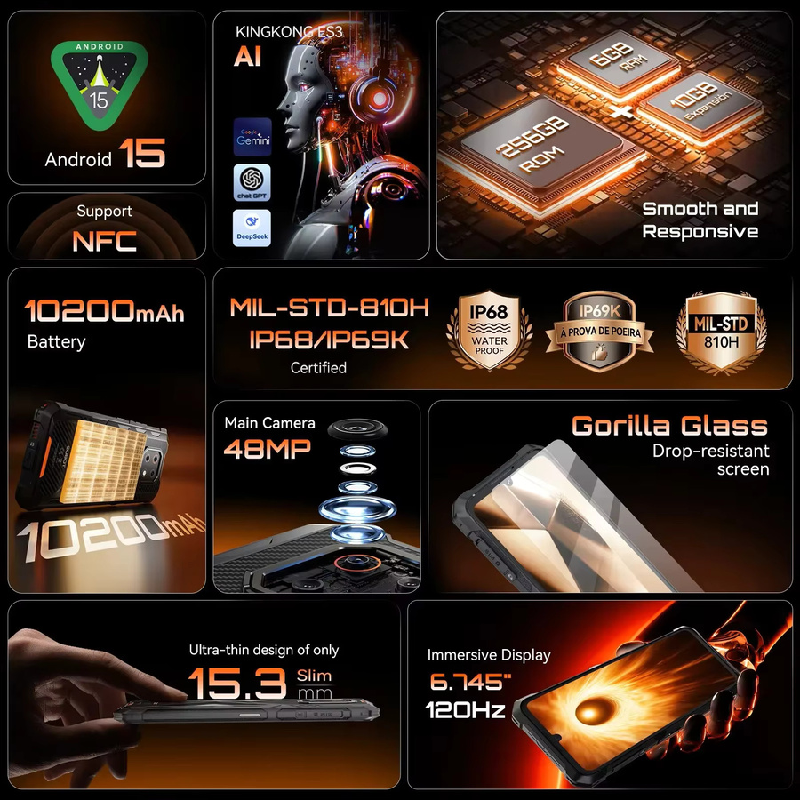 Cubot KingKong ES 3 Robustes Smartphone in Schwarz mit 256 GB Speicher, 16 GB RAM, Android 15, 6,745 Zoll 120 Hz Display, 10200 mAh Akku, 4G LTE, NFC und GPS - Bild 2