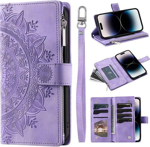 Leder Zipper Wallet Case für Motorola Moto G54 G34 G04 E13 G53 G13 G23 G72 G62 G73 G50 G30 G71 G31 G41 G Power in Grün und Lila - Bild 1