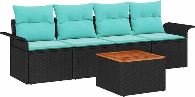 vidaXL Gartenmöbel-Set aus Poly-Rattan mit 5 Teilen in Schwarz und Türkis inklusive Polsterung und Couchtisch - Bild 1