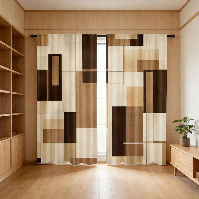 2er-Set JFCurtain Vorhänge mit modernem geometrischem Blockdruck in Braun und Beige, semi-transparent, Breite: 132 cm, Höhe: 160 cm - Bild 1