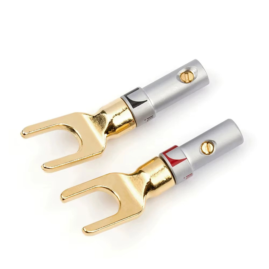 4 Stück vergoldete Audio-Lautsprecherstecker in Y- und U-Form als Kabelverbinder mit Schraubverschluss, Farben: Rot und Gold - Bild 2