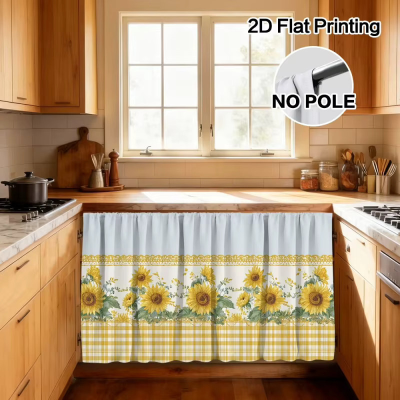 VIKAMA Küchenschrankvorhang mit Sonnenblumen-Design in Gelb Kariert als Sichtschutz für deine Schranktür - Bild 3