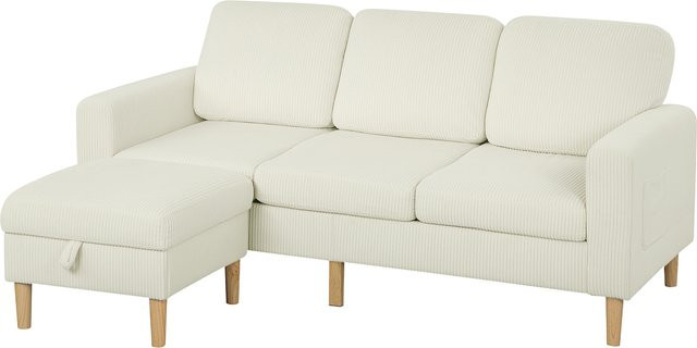 Aosom 3-Sitzer-Sofa mit Hocker aus Rippenvelours in Beige, modernes Design mit Stauraumhocker und Federnkissen, Breite: 192 cm - Bild 1