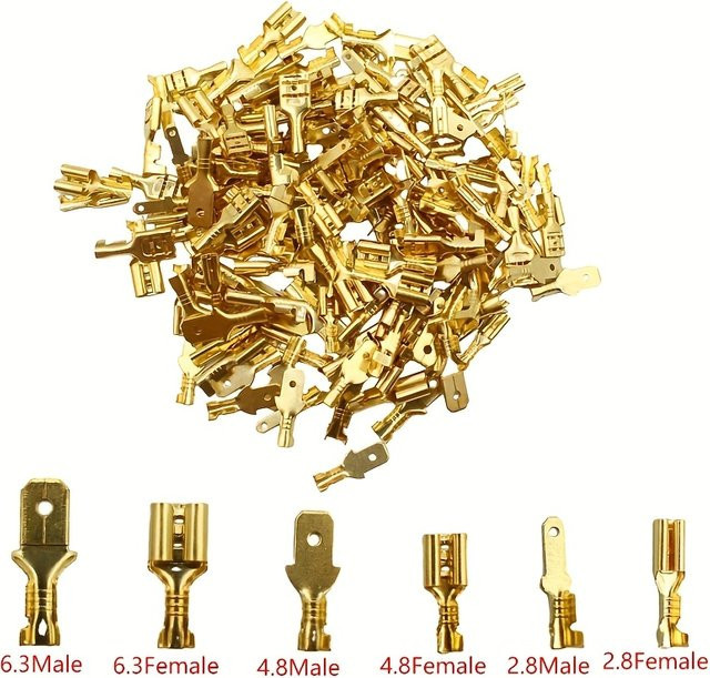 AOKIN Crimpklemmen Set mit Isolierhülle in Gold, 100 Stück, verschiedene Größen 2,8 mm, 4,8 mm und 6,3 mm für Autolautsprecher und elektrische Kabelverbinder - Bild 1