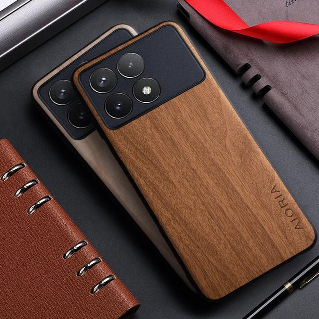Xiaomi Poco X6 Pro X7 5G Schutzhülle aus Leder mit Bambus-Holzmuster in Braun - Bild 1