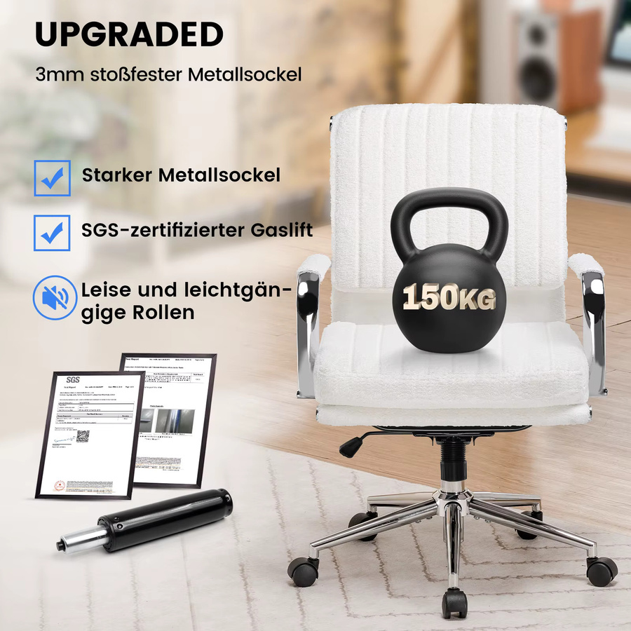 COMHOMA Chefsessel Ergonomischer Bürostuhl mit Armlehnen aus Teddy Samt-Stoff in Weiß - Bild 2