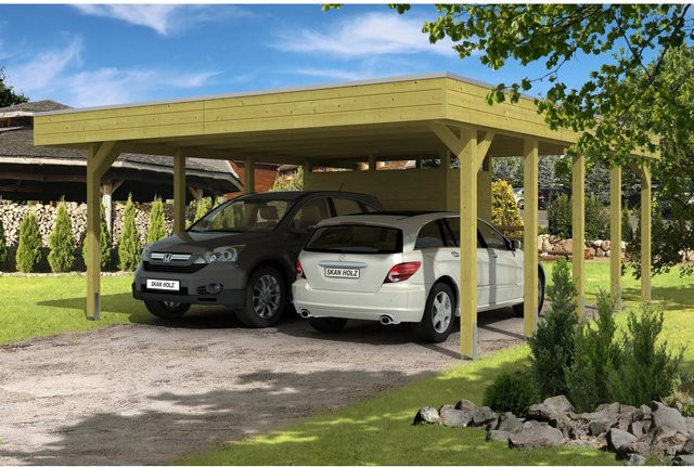 Skan Holz Flachdach-Doppelcarport Friesland Set 4 in Braun mit Geräteschuppen und Abstellraum, Breite: 557 cm, Tiefe: 708 cm - Bild 1