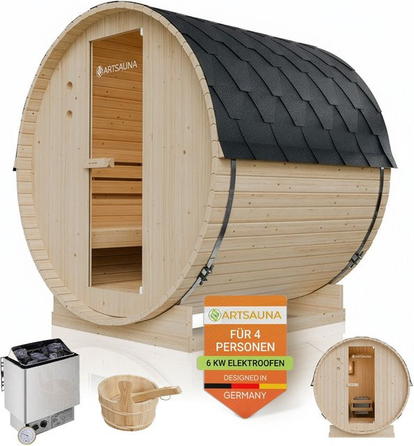 Artsauna Fasssauna Spitzbergen 180 aus Fichtenholz für 4 Personen inklusive 6 kW Saunaofen und Zubehör - Bild 1