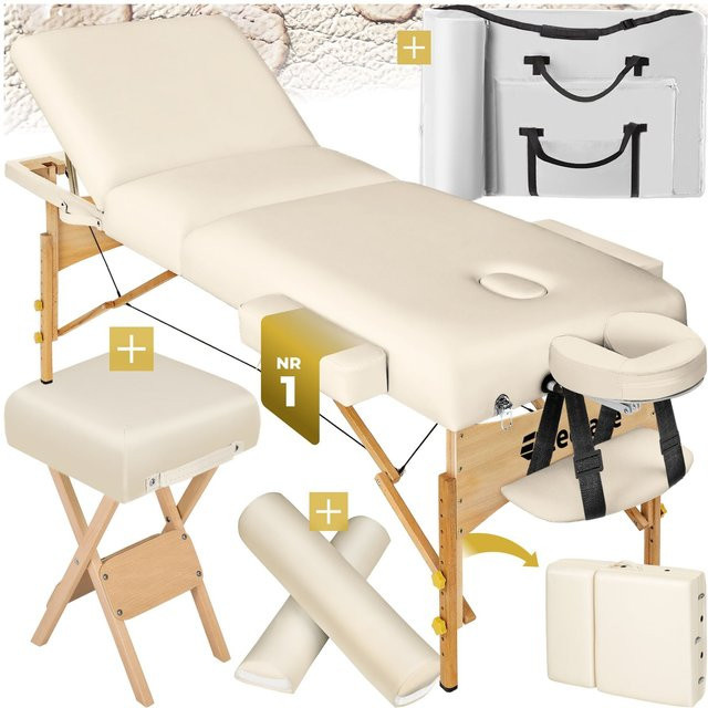 tectake 3 Zonen Massageliege-Set mit Holzgestell und Hocker in Beige, B/T/H: 218 x 102 x 90 cm, Breite: 70 cm - Bild 1