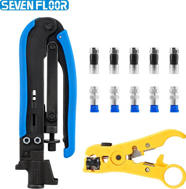 RG6 Kompressionswerkzeug Set mit 10 F-Kompressionssteckern für RG6 RG11 RG59 Koaxialkabel-Crimper-Set - Bild 1