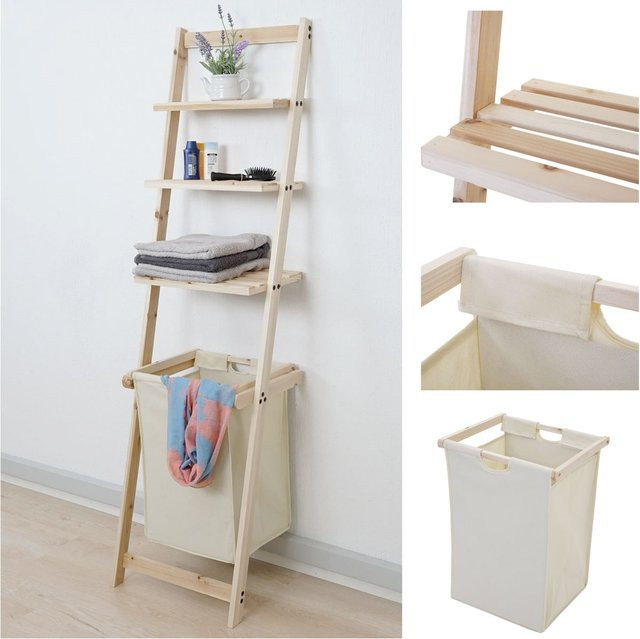 Leiterregal MCW-B59 aus Tanne mit Wäschekorb für das Bad, Farbe: Beige/Braun, H x B x T: 152 x 41 x 35 cm - Bild 1