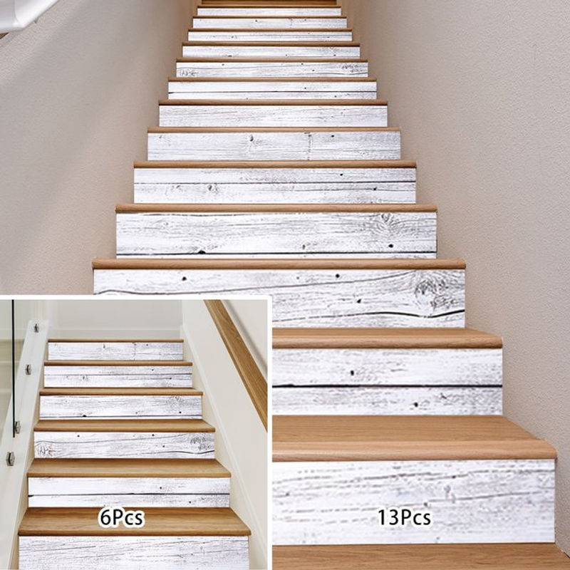 BOUSSAC Treppenaufkleber im Vintage-Design aus wasserfestem PVC, Set mit 6 oder 13 Stück, Holzoptik in Braun oder Weiß - Bild 1