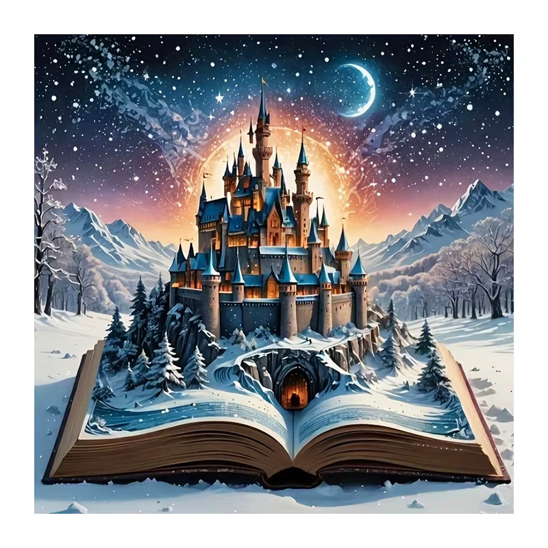 Huacan Diamantgemälde Schloss Mond Winter Landschaft Mosaik Komplettset mit runden Steinen in Multicolour, Breite: 20 cm, Höhe: 20 cm - Bild 4