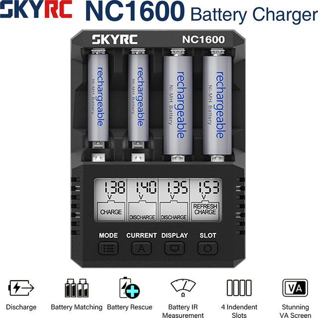 SKYRC NC1600 AA/AAA-Batterieladegerät in Schwarz mit VA-Bildschirm, 15 W, 3000 mAh, 4 unabhängige Steckplätze und 3 Arbeitsmodi - Bild 1