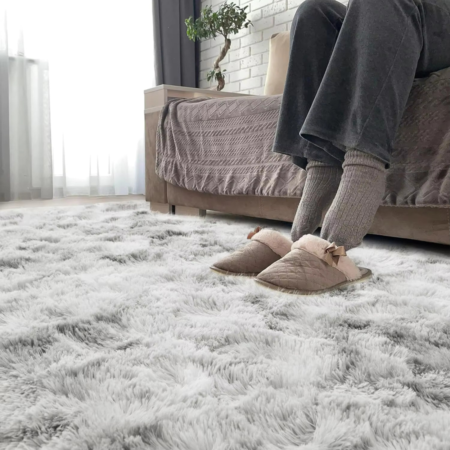 VIKAMA Wohnzimmerteppich aus Kunstfell in Schwarz und Grau, weicher und rutschfester Plüsch-Bodenmatte für Wohnzimmer, Schlafzimmer oder Kinderzimmer - Bild 2