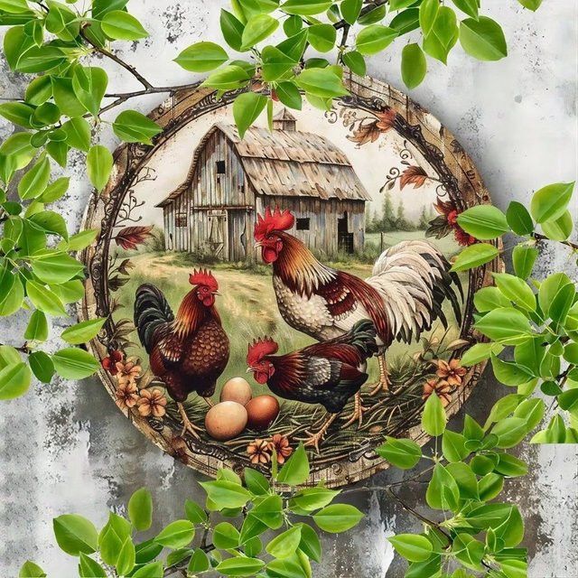 Rustikales Vintage Bauernhaus-Huhn-Metallschild von Hello Young in Weiß mit Blumen und Eiern, B/H: 20,3 x 20,3 cm - Bild 1