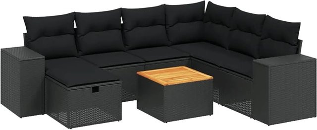 vidaXL 8-tlg Garten-Sofagarnitur in L-Form aus schwarzem PE-Rattan mit Kissen und pulverbeschichtetem Stahlgestell - Bild 1