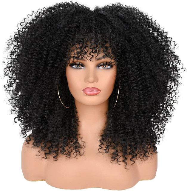 HIHOO Perücke, kurze lockige Afro-Perücke mit Pony, braun-blond gemischt, Damen - Bild 1