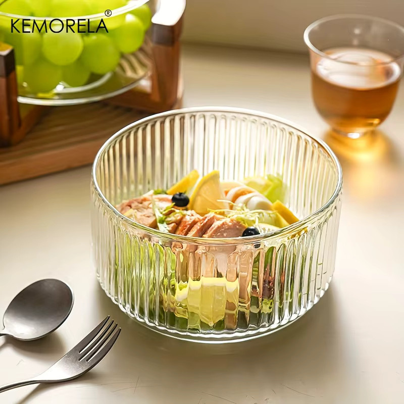 KEMORELA Salat- und Obstschale aus Glas mit Streifen-Design in Transparent, runde Servierschale für Dessert und Obst - Bild 4