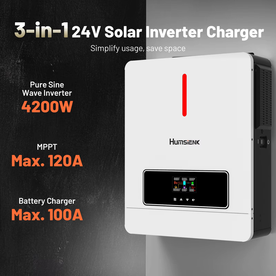 Humsienk Hybrid-Solarwechselrichter 4,2KW mit 120A MPPT-Controller, 24V 220Vac, Reiner Sinus, PV 4200W 500VDC für Heim, RV und Backup, Farbe: Weiß - Bild 2