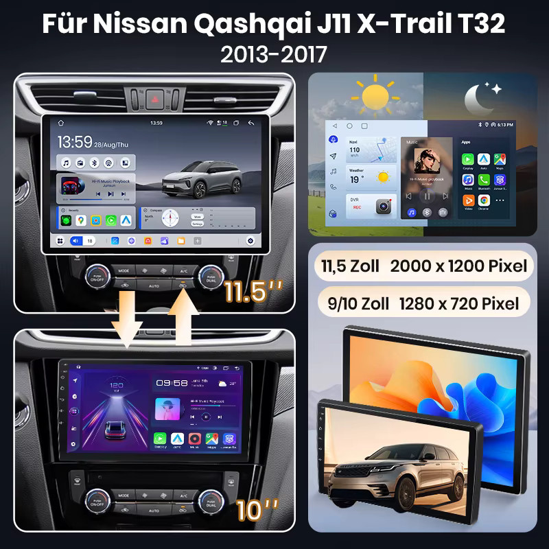 Junsun Android 15 Autoradio mit 10 Zoll IPS-Bildschirm für Nissan Qashqai J11 und X-Trail T32, kabelloses Apple CarPlay, Stereo-Multimedia-Videoplayer in Schwarz - Bild 2