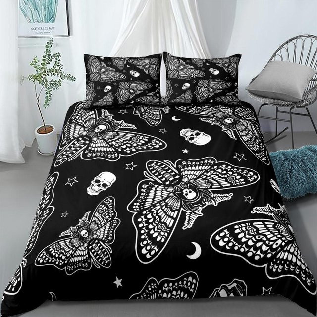 Motten Totenkopf Bettwäsche Set von Binchi Outdoor Product in Schwarz, 3-teilig aus Mikrofaser, B/H: 150 x 200 cm - Bild 1