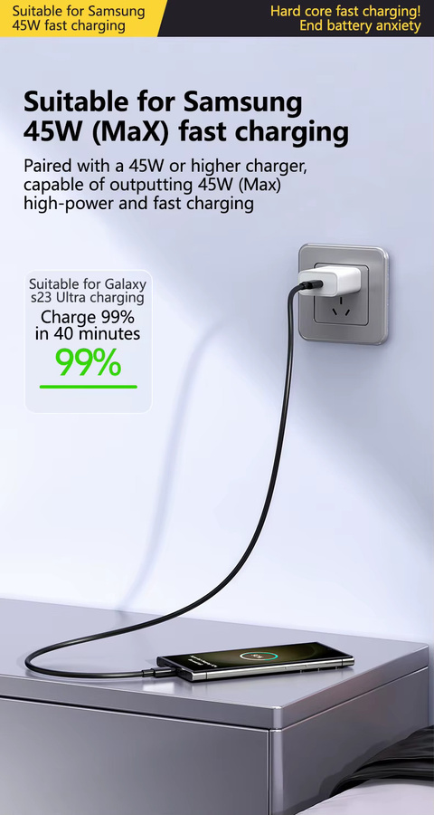3CPS Dual USB-C Schnellladekabel 45W 5A in Schwarz für Samsung S24 S23 S22 Plus Note 20 Ultra und A55 A54 A53 Datenkabel - Bild 5