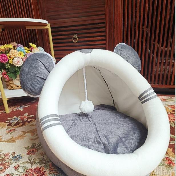 Halbgeschlossenes Katzennest Eichhörnchen-Design in Grau aus Stoff für Herbst und Winter - Bild 4