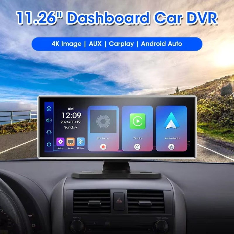 Srnubi 11,26 Zoll Dash Cam mit 4K DVR, Carplay und Android Auto, Dual Lens Recorder mit WIFI, Bluetooth, AUX und GPS in Schwarz - Bild 2