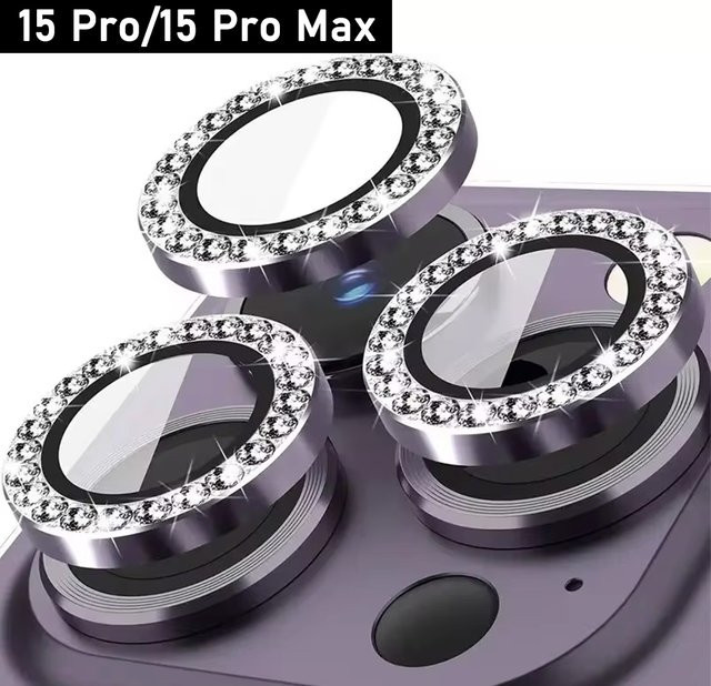 Diamant Metall Glas Kamera Objektiv Schutz für iPhone 15 Pro und iPhone 15 Pro Max, 3-teiliges Set, Silber/Weiß - Bild 1