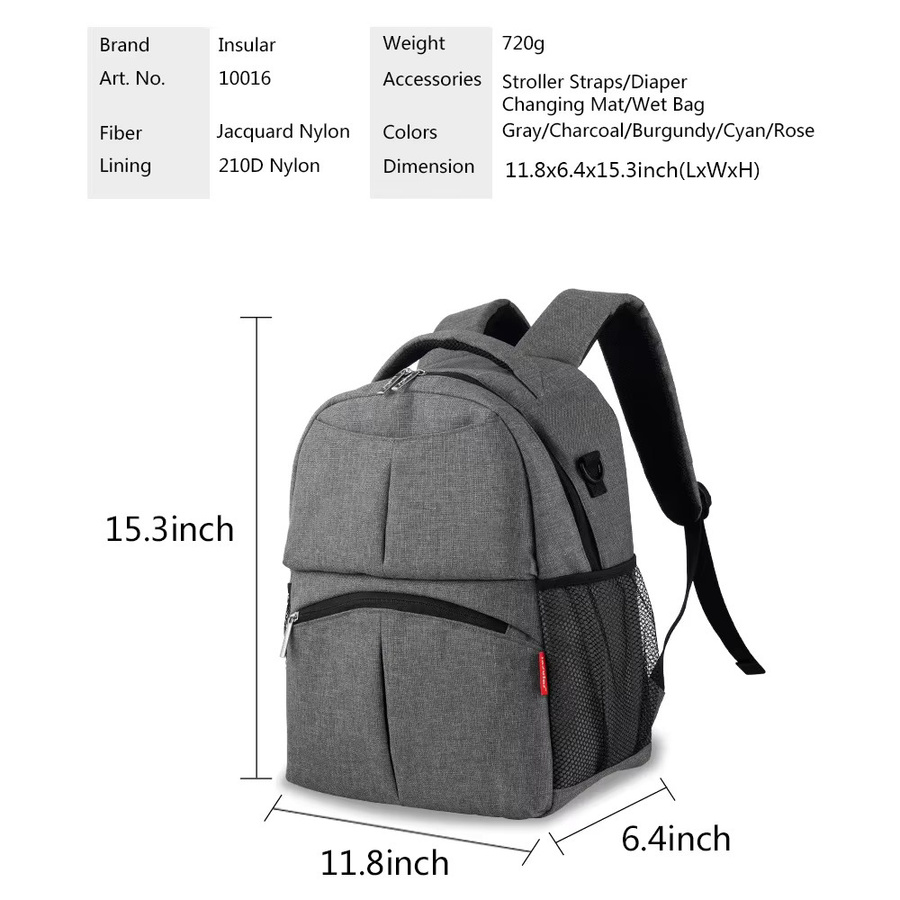 INSULAR Baby Windeltasche als multifunktionaler Rucksack, wasserdicht, grau - Bild 3