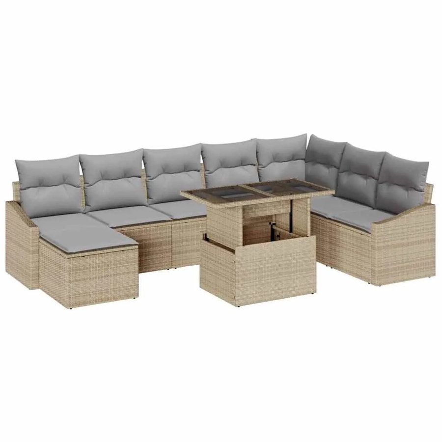vidaXL Garten-Sofa-Set aus Polyrattan mit Kissen, 9-teilig, Beige und Hellgrau - Bild 2