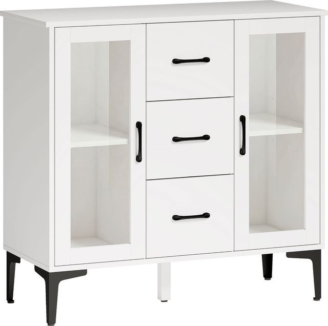 HOMCOM Sideboard Kommode in Weiß mit 3 Schubladen und 2 Glastüren, moderner Aufbewahrungsschrank mit verstellbaren Regalen und Soft-Close-Scharnieren, B/T/H: 90 x 38 x 86 cm - Bild 1