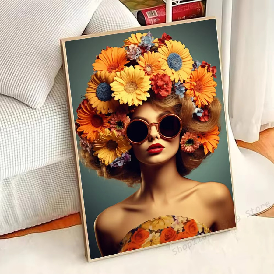 Potdemiel Rahmenloses Nordisches Bohemian Leinwand-Poster mit Blumen, Frau und Vogel Porträt Wandkunst in Mehrfarbig - Bild 2