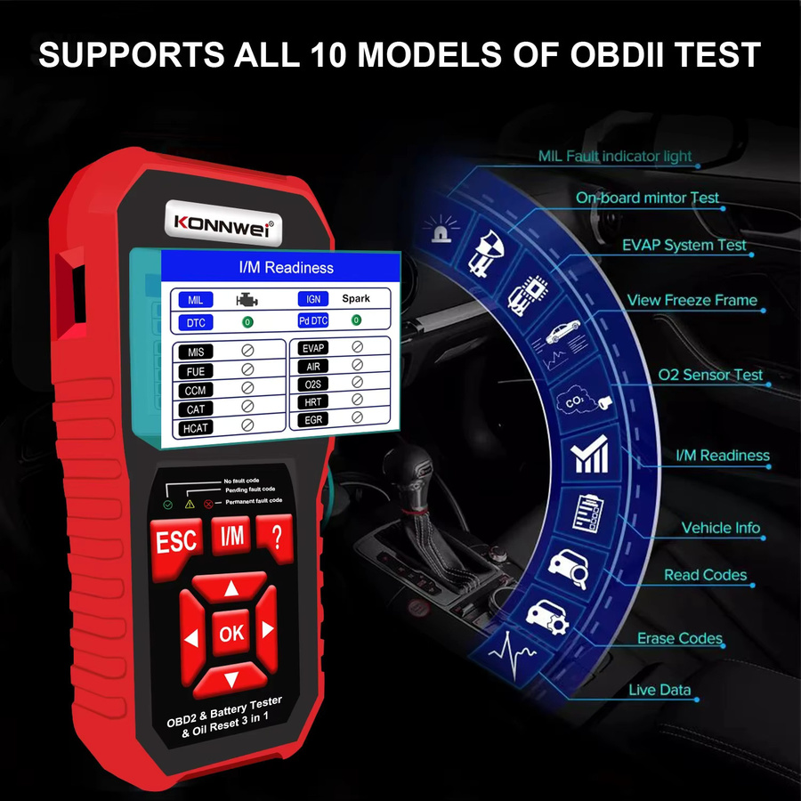 KONNWEI KW890 12V OBD2 Batterietester und Auto-Diagnosegerät mit Bluetooth in Rot - Bild 3