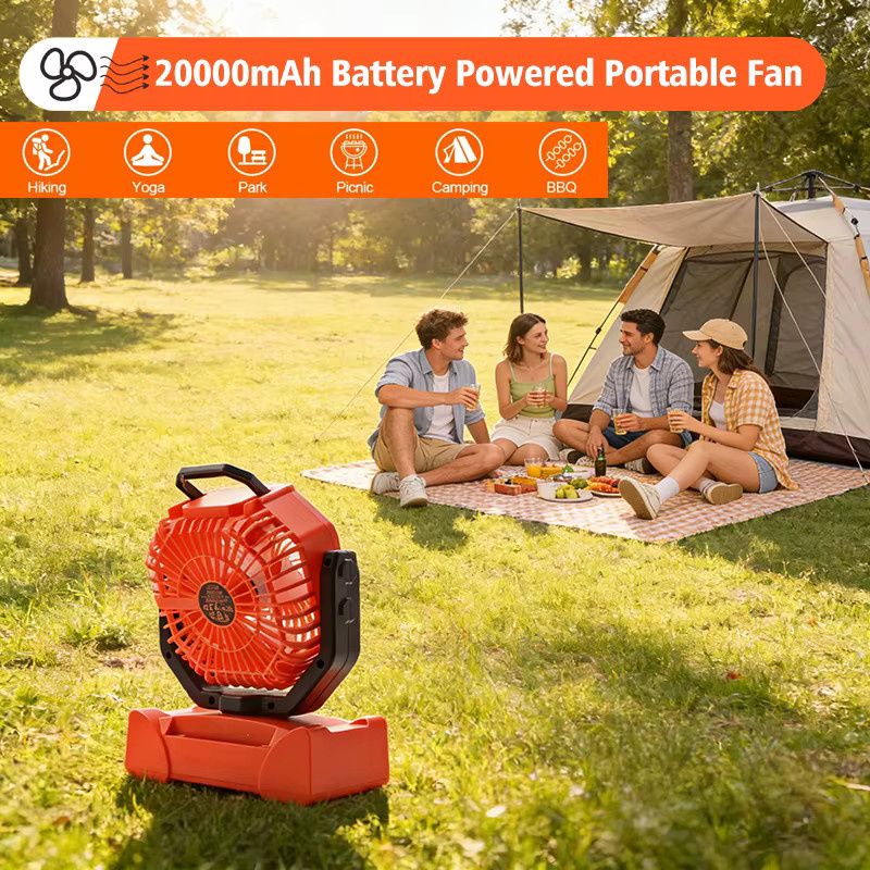 JFBONIN Tragbarer Campingventilator mit 20000mAh Akku, Fernbedienung und Licht in Schwarz und Orange - Bild 2
