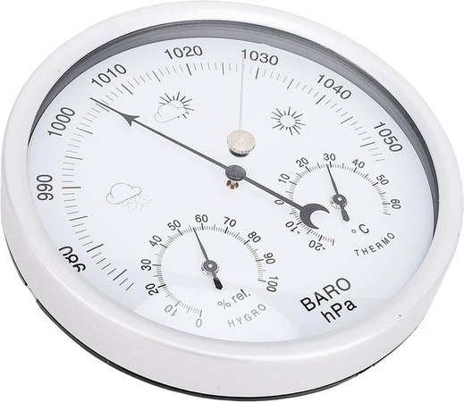 Runde Wetterstation aus Aluminiumlegierung mit mechanischem Uhrwerk, Thermometer, Barometer und Hygrometer, Wandhängend, Grau, Durchmesser: 13,2 cm