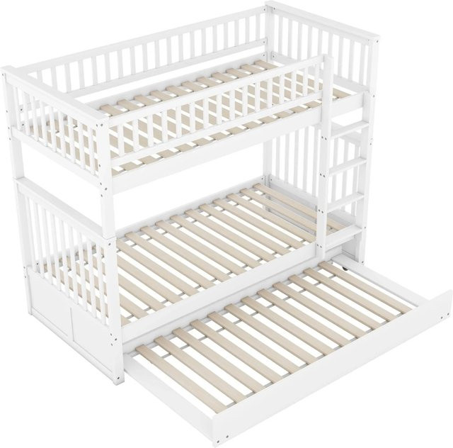 okwish Kinder-Etagenbett mit Ausziehbett und Treppe, Weiß, Kiefernholz und MDF, B/T/H: 250 x 95 x 160 cm - Bild 1