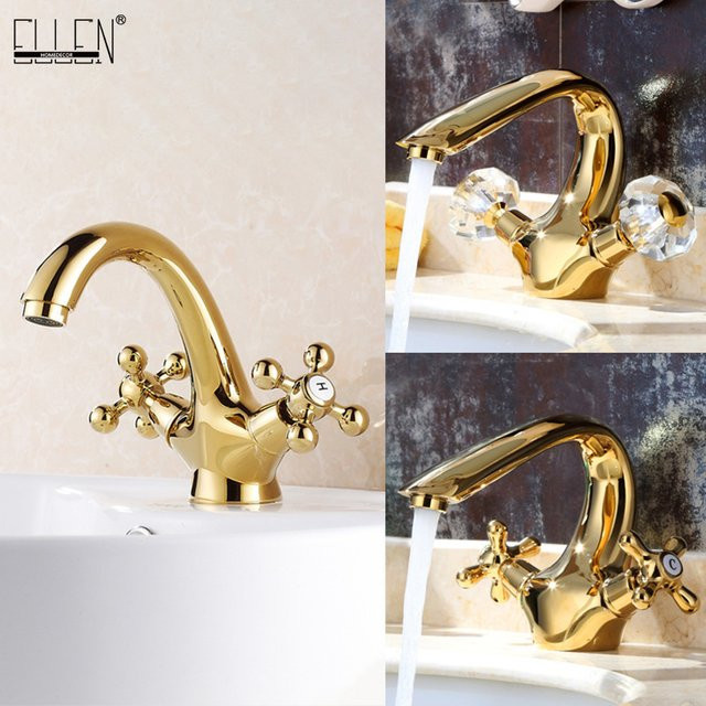 Ellen Badewasserhahn aus Messing in Gold mit Kristall-Design, Deckmontierte Mischbatterie mit zwei Griffen für Warm- und Kaltwasser, EL7426G - Bild 1