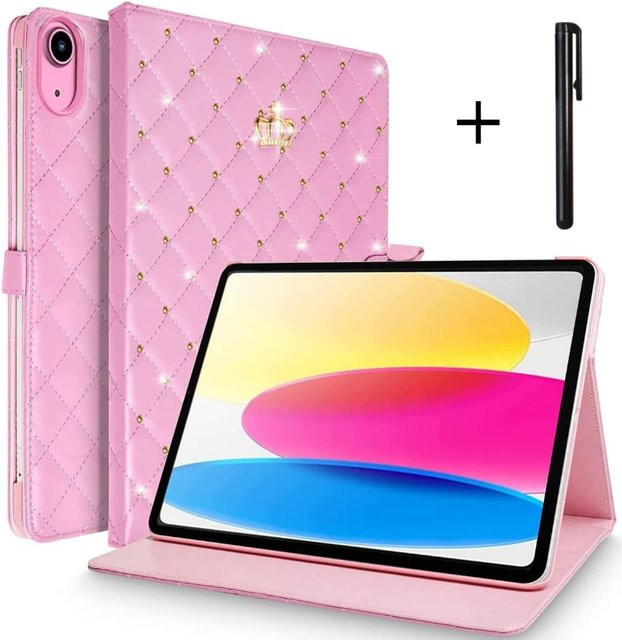 Apple iPad 10. Generation 10.9 Zoll Hülle Crown Bling Diamond aus PU-Leder in Pink mit Smart Auto Wake Up Stand Case - Bild 1