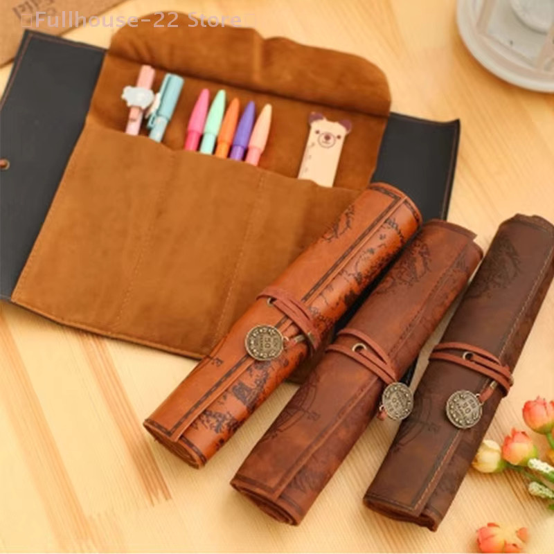 MAX-22 Leder-Rolltasche mit Vintage-Schatzkarte und geprägter Schnalle in Braun als Federmäppchen und Organizer für Schule und Büro - Bild 2