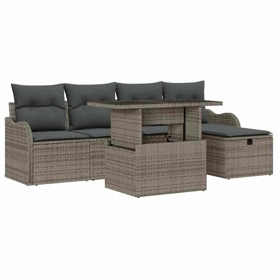 vidaXL 6-tlg. Garten-Sofa-Set in L-Form aus Polyrattan mit Kissen und integriertem Stauraum, Grau - Bild 2