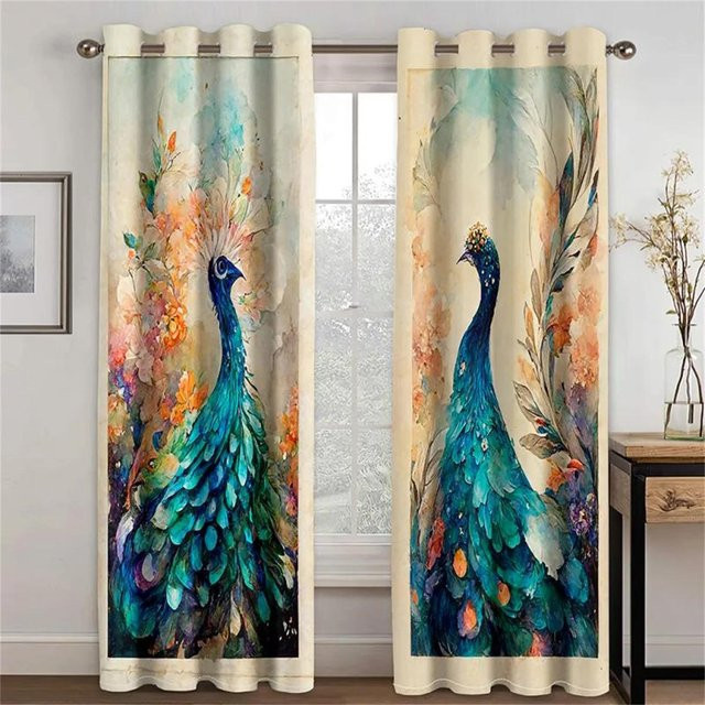 2er-Set Pfauen-Serie Vorhang in Blau und Gold, lichtfilternde Dekoration im Retro-Stil für Wohnbereich und Schlafzimmer, B: 75 cm, H: 60 cm - Bild 1