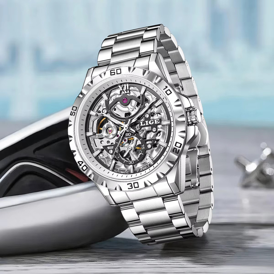 LIGE Armbanduhr Automatik, Edelstahl, Silber, Bicolor, Herren - Bild 3