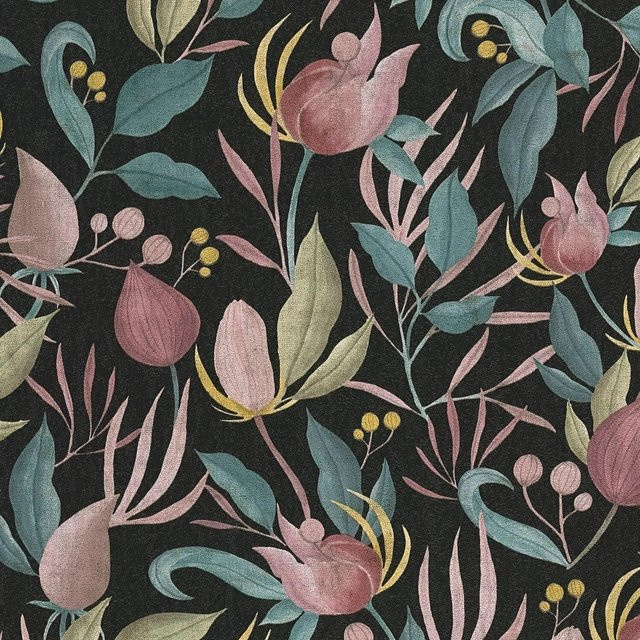 PROFHOME 790622-GU Blumen Tapete Floral in Schwarz, Alt-Rosa, Blau und Oliv-Gelb, Vlies-Tapete, B: 0,53 m, L: 10,05 m - Bild 1