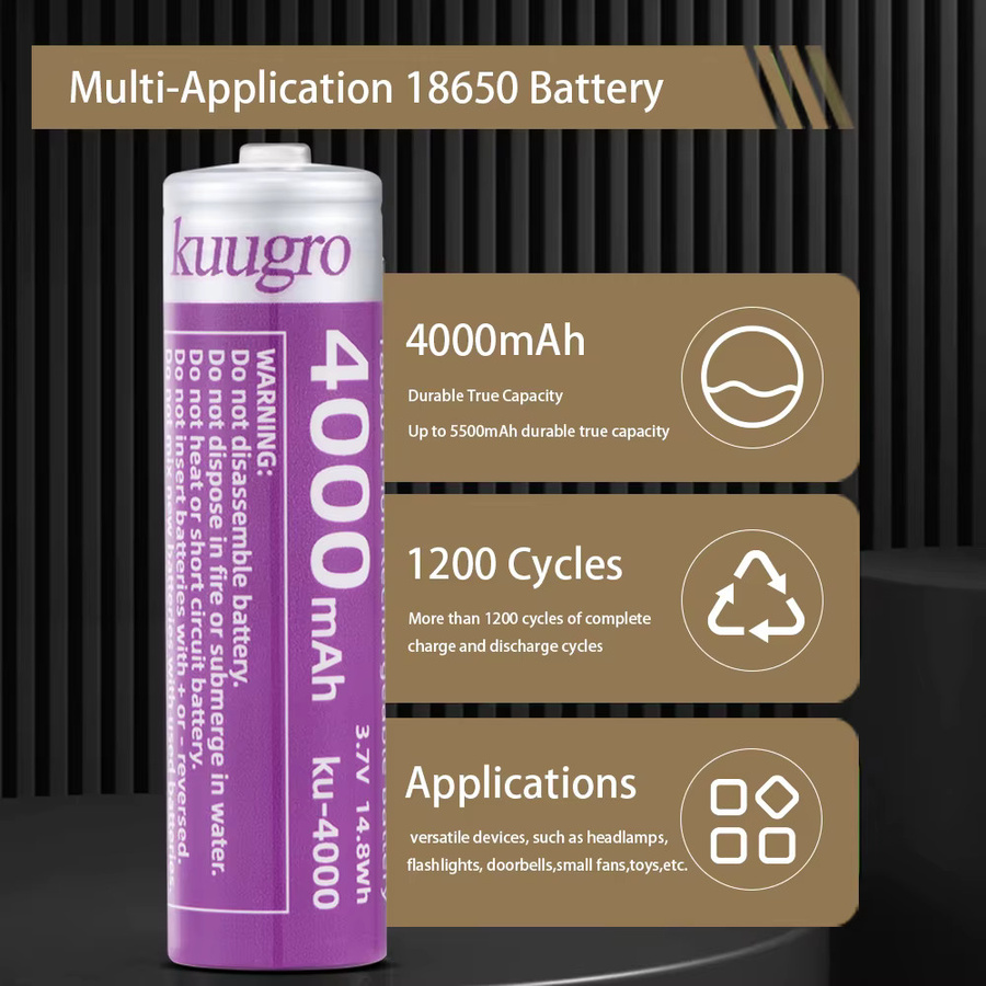 Kuugro Ku-4000 18650 Lithium-Ionen Akkuzellen mit 4000mAh und 3,7V für Taschenlampen - Bild 2