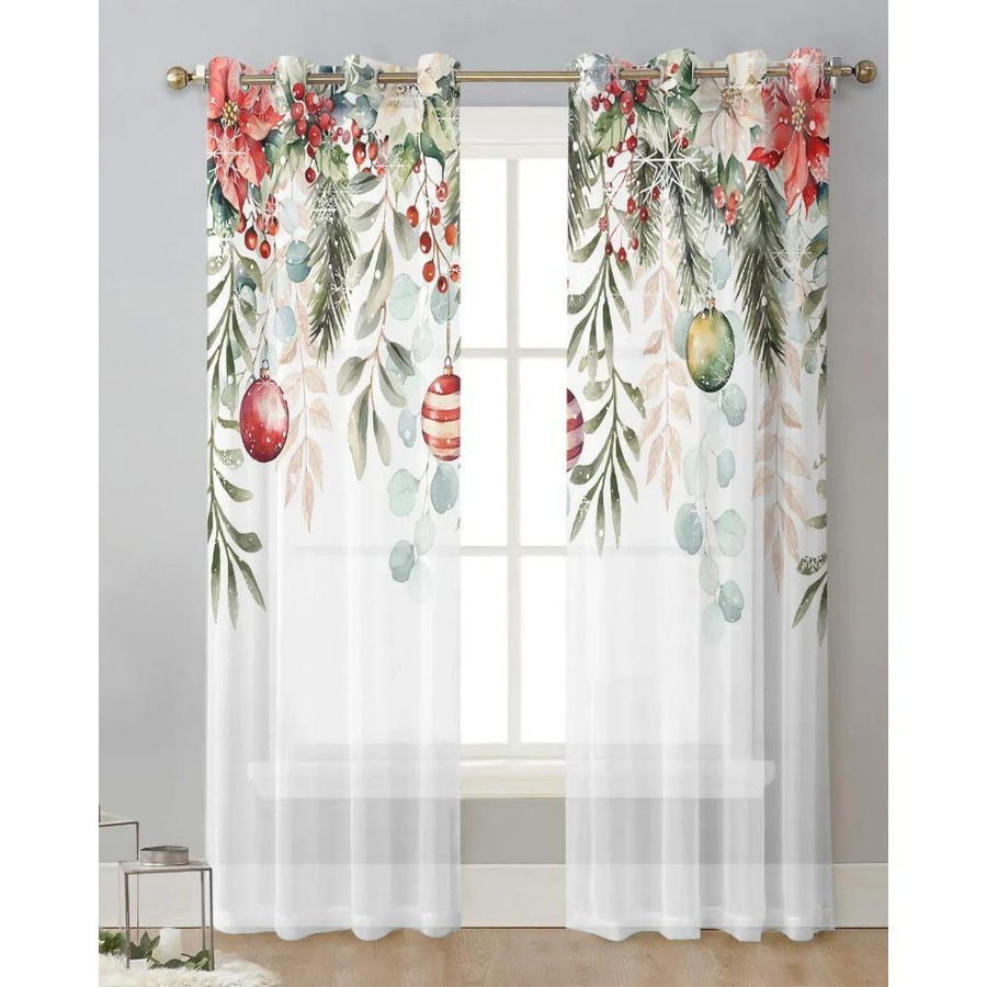 Yiran Furniture Weihnachtsvorhang mit Weihnachtskugeln und Sternen, transparenter Tüll-Vorhang für Wohnzimmer und Küche, B: 135 cm, H: 115 cm - Bild 1