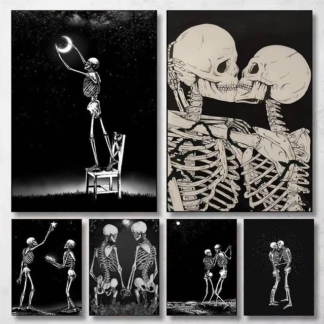 Selbstklebendes Wandkunst Poster Potdemiel Totenkopf-Liebe in Schwarz, Modernes Abstract Design, Rahmenloses Papierposter - Bild 1